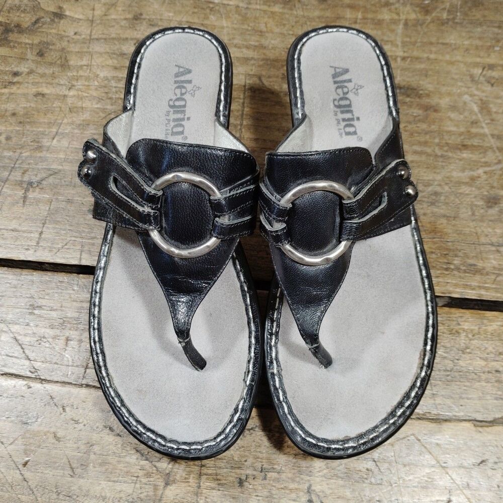 Alegria Thong Sandals Sz 9.5 10 EU40 Wedge Heel Comfort Slides Black Silver